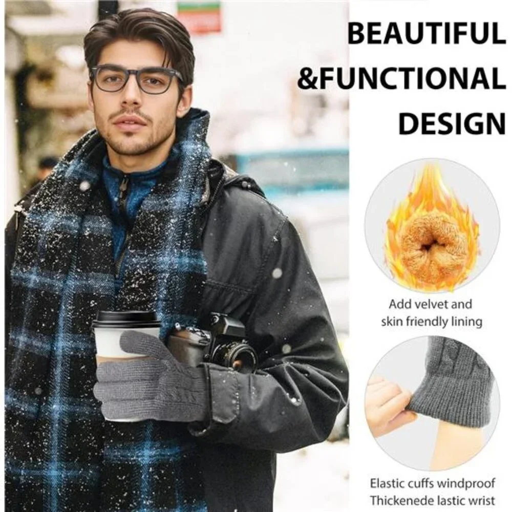 Men's Winter Gloves Wool Thermal Fleece Touchscreen Knit Warm Snow Gloves_2